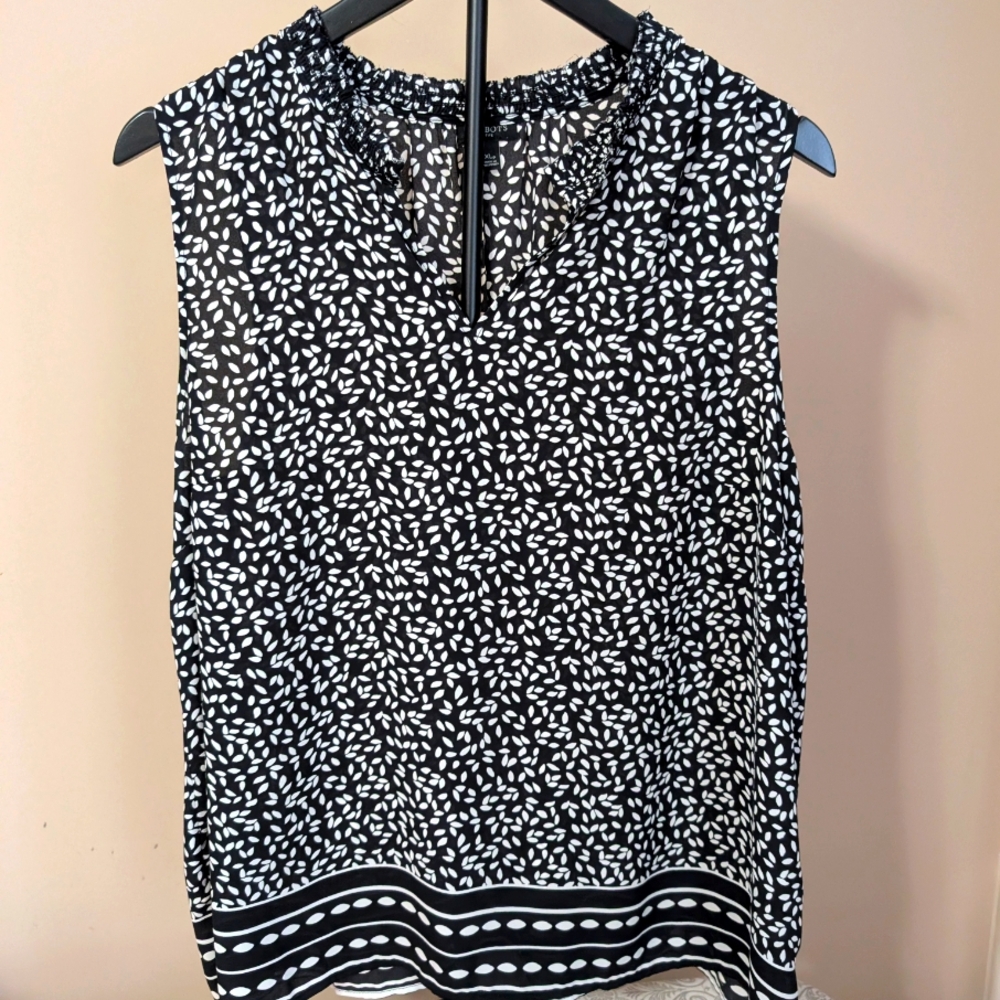 Talbots Women's Black and White Leaf Design Ruched Top Sleeveless Blouse Size XL